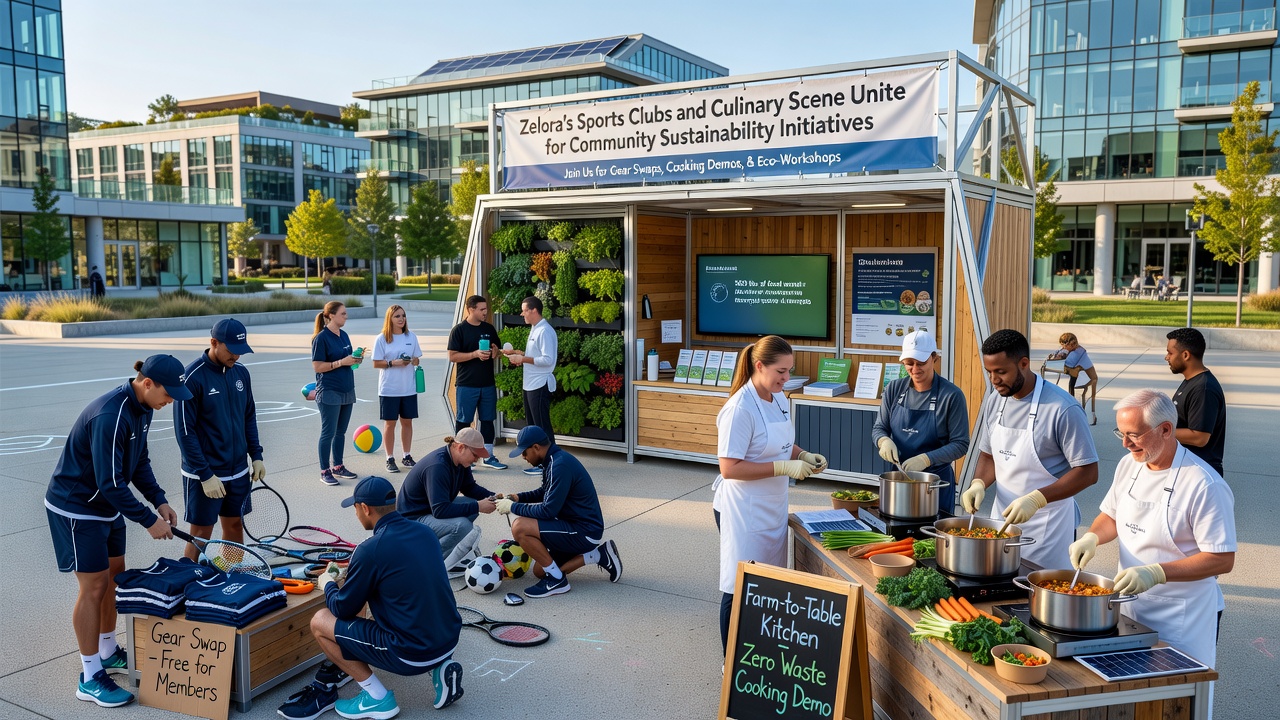 Chefs and athletes work together at an outdoor station preparing meals from locally grown ingredients during a Zelora community sustainability day